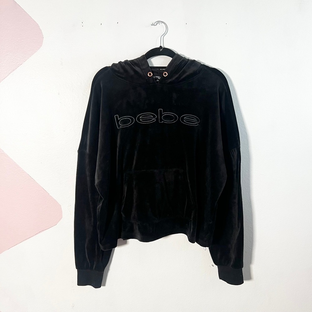 Bebe Velour Sweater Women's 2X Black Embroidered Logo Y2k 2000s